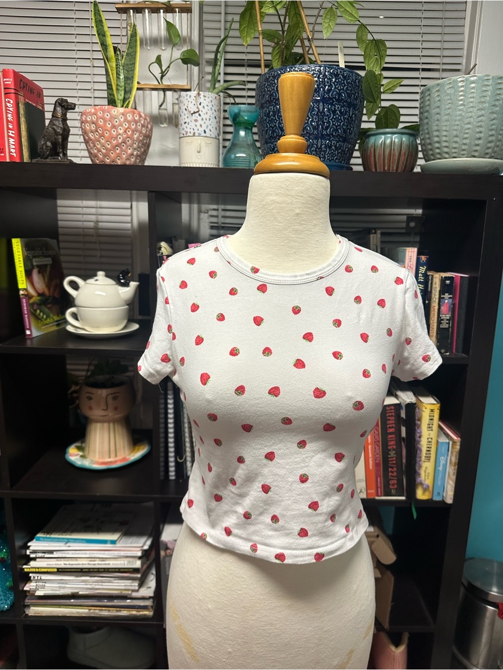 White Strawberry Print Crop Tee